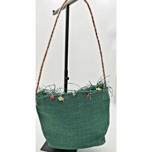 Flora Bella Green Raffia Bag Sea Charms Beaded Clear Plastic Handle Coastal Chic